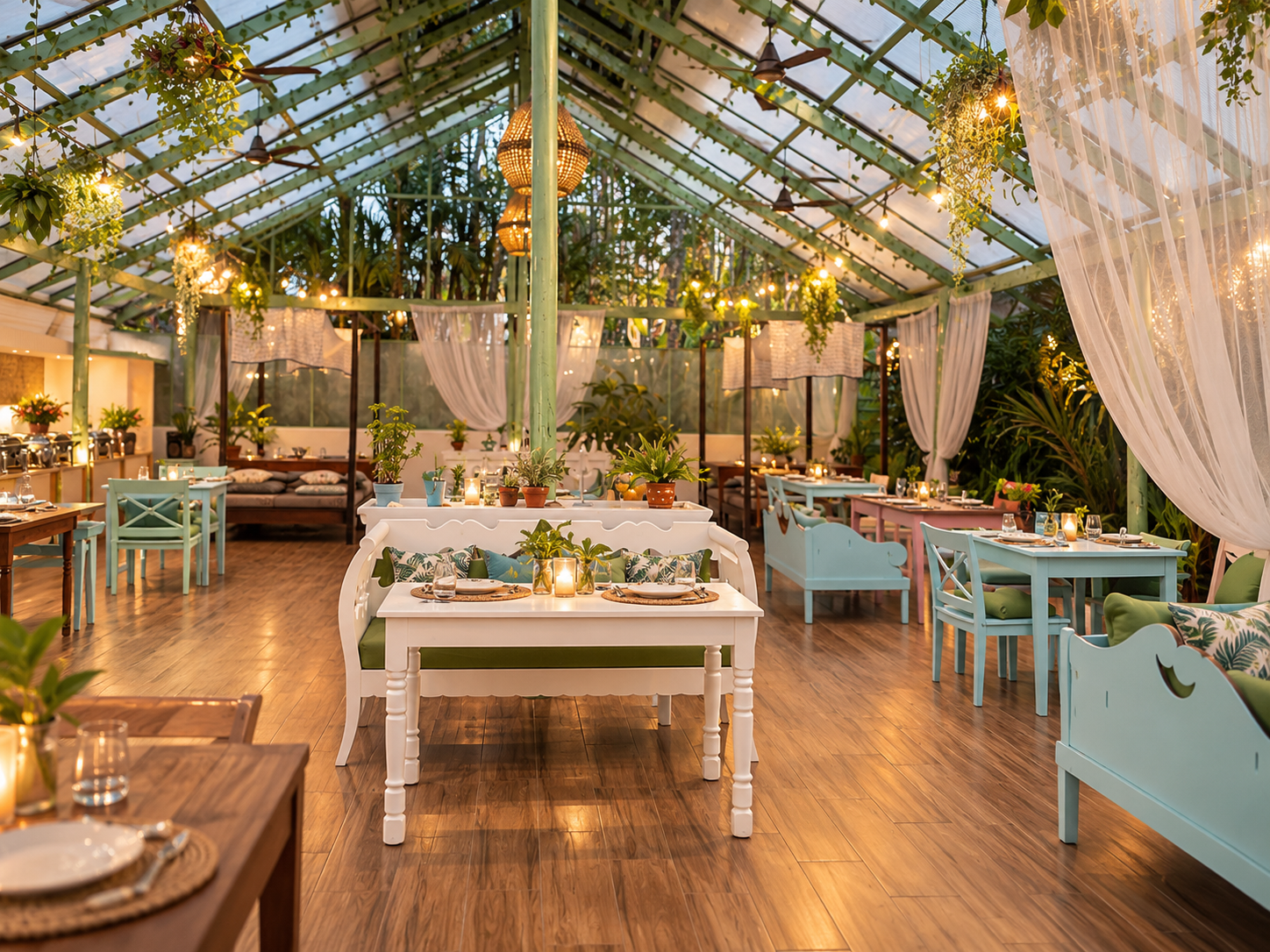 The beautiful Alfresco cafe of Munjoh Ocean Resort called La Luna at night- all lit up and glowing with tables set and ready for guests