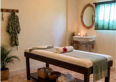 Spa room decor of Munjoh Island house- a spa bed, a robe, washbasin, mirror, window, towels and spa amenities all ready for a massage