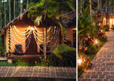 Tropical garden and pavilion decorated with warm lights for an evening event at Munjoh Ocean Resort